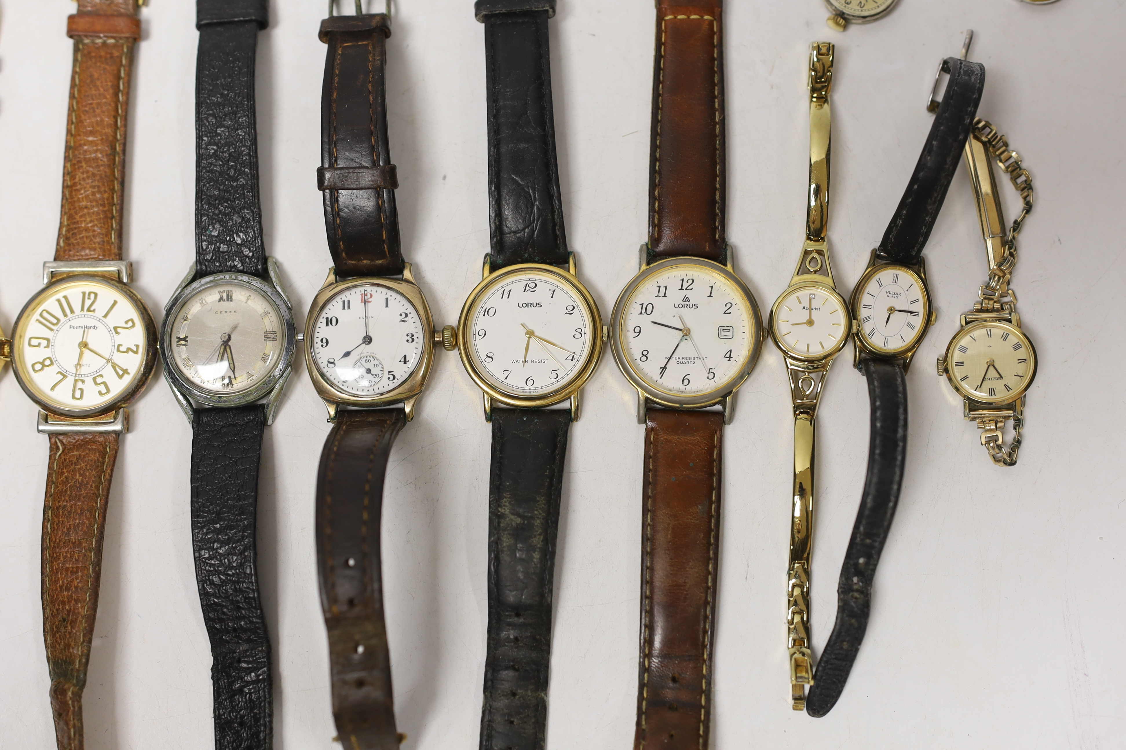 A collection of lady's and gentleman's assorted wrist watches, including Ceres and gold plated Elgin.